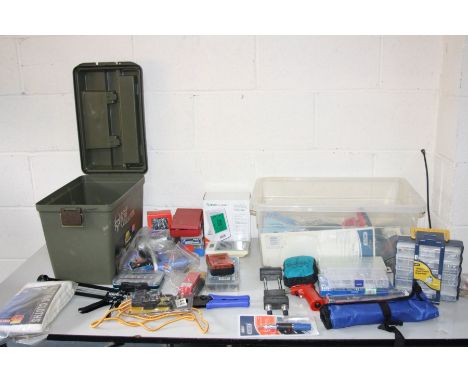 A PLASTIC TOOLBOX AND A PLASTIC BOX containing mostly unused and packaged hand tools including glue guns, clamps, pliers, har