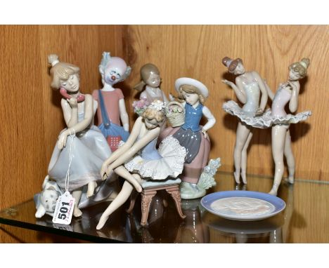 A GROUP OF SIX LLADRO FIGURES WITH A LLADRO TRINKET DISH, 'Chit Chat Girl' No.5466, 'Destination Big Top' No.6245, 'Spring' N