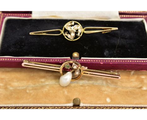 TWO BAR BROOCHES, the first designed with a circular open work triskelion centre piece set with split pearls, length 48mm, ap