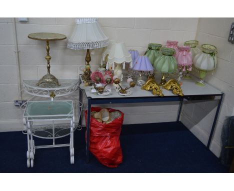 A QUANTITY OF OCCASIONAL FURNITURE, to include various table lamps, three brassed wall lights, pair of gilt foliate wall shel
