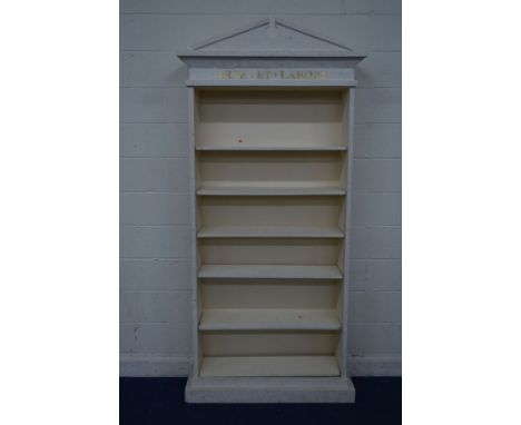 A MODERN COMPOSITE MARBLE FINISH OPEN BOOKCASE, with Latin writing, width 108cm x depth 35cm x height 232cm (sd and missing s