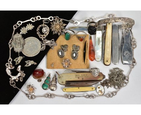 A SELECTION OF ITEMS, to include a silver engraved bangle with safety clasp, various non pierced earrings, necklaces, pendant