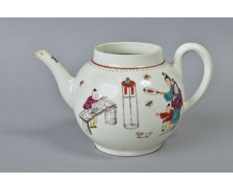 AN EARLY WORCESTER PORCELAIN TEA POT OF GLOBULAR SHAPE, circa 1775, the polychrome enamel decoration in the Chinese Family pa