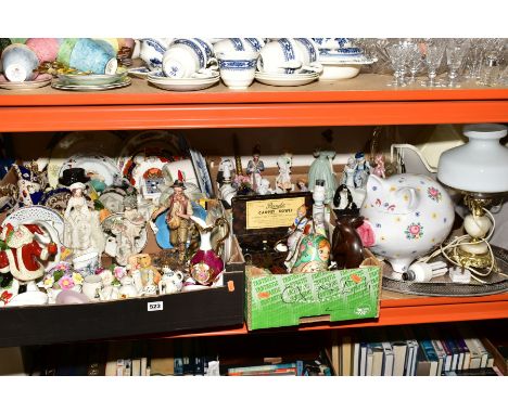 FOUR BOXES AND LOOSE OF CERAMICS AND METALWARE to include Capo di Monte Farmer sewing seeds, three Imari palette jugs, a grou