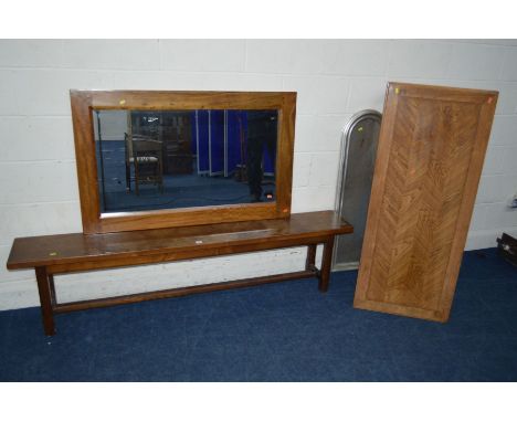 AN OAK BENCH, length 145cm together with a hardwood coffee table and two mirrors (4)