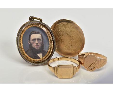 TWO RINGS AND A LOCKET, the first ring designed as a square signet ring, with a 9ct hallmark for Birmingham, ring size N 1/2,