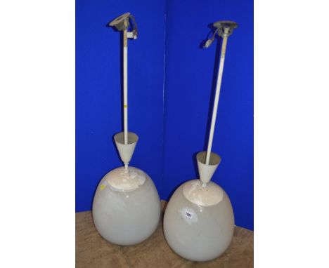 A PAIR OF OPAQUE WHITE OVOID GLASS AND OVER PAINTED NICKEL PLATED CEILING LIGHT FITTINGS, approximate height overall 98cm x a