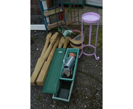 FIVE VARIOUS PINE POSTS, together with a metal wall hanging planter, folding ladder, etc (10+)