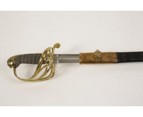 A VICTORIAN OFFICERS SWORD with a brass hilt and shagreen grip, with original leather and brass mounted scabbard, 102cm. Prov