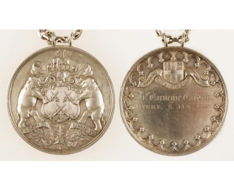 MEDAL. CLARKE'S WORSHIPFUL COMPANY OF CUTLER'S. Struck in AR. Obv: Arms supported by elephants above motto. Rev: Motto above 