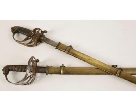 A VICTORIAN INFANTRY OFFICERS SWORD, the brass hilt with VR cipher, shagreen grip and brass scabbard, 101cm, and another Ligh