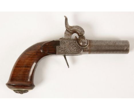 A PERCUSSION POCKET PISTOL, the steel mounts engraved with rococo scroll decoration, on a rosewood grip, impressed marks "R L