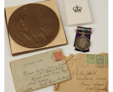 A GREAT WAR DEATH PLAQUE, named to Walter Josiah Charles Flowers, a wartime letter card, 1916, and a GVI General Service Meda