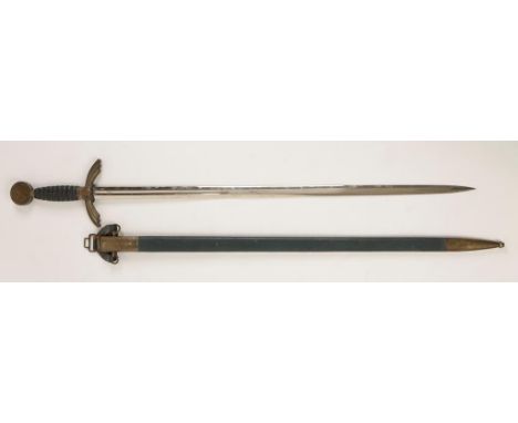 A SECOND WORLD WAR NAZI LUFTWAFFE OFFICERS SWORD with a feathered cruciform hilt and swastika pommel, blue leather grip and s