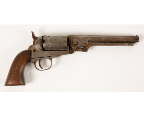 AN AMERICAN FIVE SHOT PERCUSSION REVOLVER, 35 calibre, the cylinder engraved with boats and a train crossing a bridge, the oc