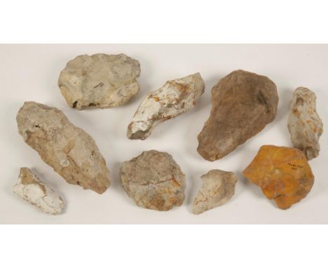 A COLLECTION OF LARGE AND SMALLER KNAPPED FLINT TOOLS, mostly with labels or inscribed, including "Moreton 1925".