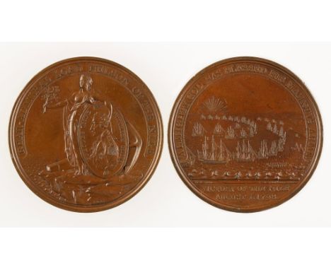 MEDAL. VICTORY OF THE NILE, 1798. Struck in AE. By C. H. Küchler. Obv: Peace holds shield with medallic portrait of Nelson. R