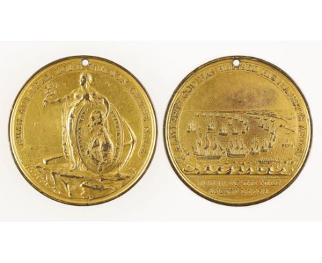 MEDAL. VICTORY OF THE NILE, 1798. Struck in gilt AE. By C. H. Küchler. Obv: Peace holds shield with medallic portrait of Nels