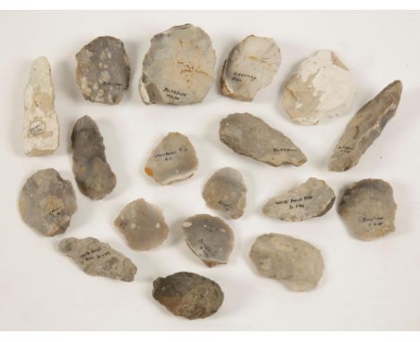 A COLLECTION OF KNAPPED FLINT TOOLS, mostly with labels or inscribed, including "Ridgeway 5/11/24".