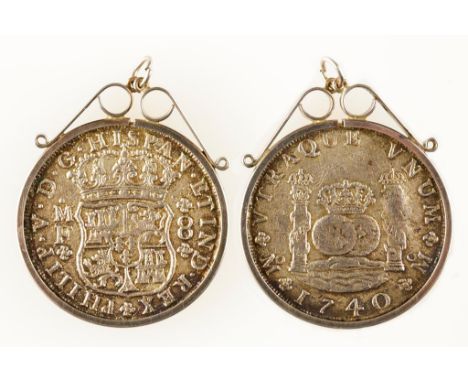 SPAIN. 8 REALES, 1740. Mexico mint. Obv: Crowned shield. Rev: Crowned globes between pillars. Including mount and chain c.37g