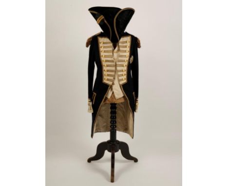 A NAVAL OFFICER'S UNIFORM, with waistcoat and tricorn hat, the jacket with bullion-work, both the jacket and waistcoat with b