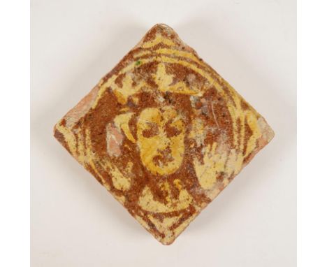 A MEDIEVAL GLAZED POTTERY TILE, decorated with the facing portrait of a King with both hands raised, possibly Edward VI. 115m