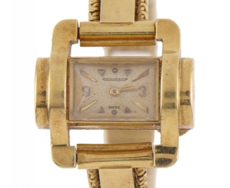 A JAEGER LECOULTRE MID-CENTURY 18CT GOLD LADY'S WRISTWATCH with rectangular dial, open lugs and back-wound movement, maker's 