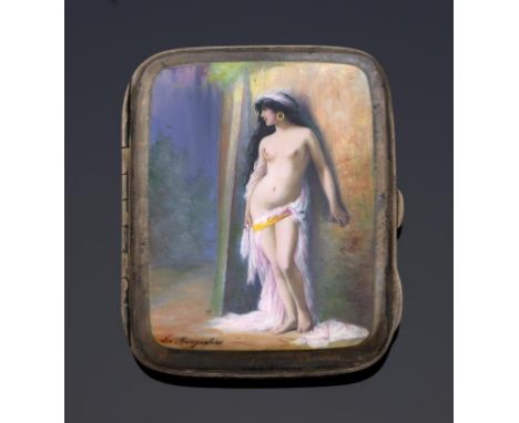 A GERMAN SILVER AND ENAMEL CIGARETTE CASE, C1900  painted with the full length figure of a semi naked young woman, inscribed 