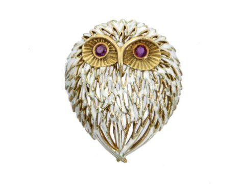 A GOLD AND ENAMEL OWL BROOCH with ruby eyes, 4cm, maker's mark L and 18k, 17.3g ++Fine condition 