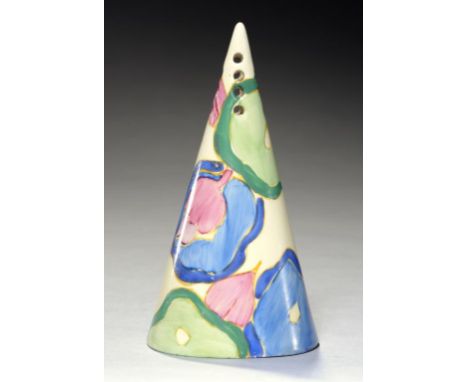 CLARICE CLIFF.  AN A J WILKINSON BLUE CHINTZ CONICAL SUGAR SHAKER, C1932  14cm h, printed Fantasque mark ++In fine condition,