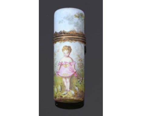A FRENCH GOLD MOUNTED ENAMEL SCENT BOTTLE, C1870  painted with the scene of a little girl feeding doves in a continuous roman