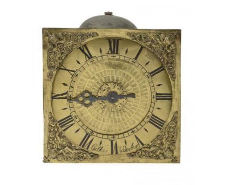 A HOOK-AND-SPIKE WALL CLOCK , 18TH C  with typical lantern type posted movement and bell, the associated 25.5cm brass dial wi