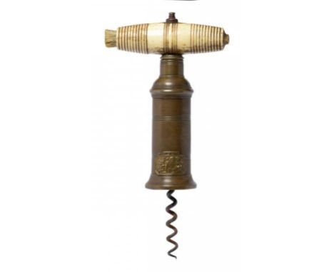 AN ENGLISH BRASS THOMASON TYPE DOUBLE ACTION CORKSCREW, 19TH C  with DOWLER/PATENT badge and bone handle, 19cm ++In good orig