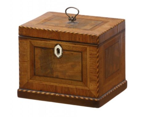 A GEORGE III MAHOGANY, ROSEWOOD AND INLAID TEA CADDY, C1790 with barber pole stringing, the interior with a cover with brass 