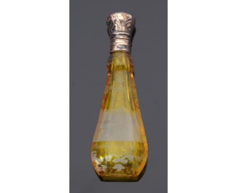A GOLD MOUNTED BOHEMIAN AMBER FLASHED GLASS SCENT BOTTLE, C1860  of slender tapered octagonal shape, wheel engraved with a Ba