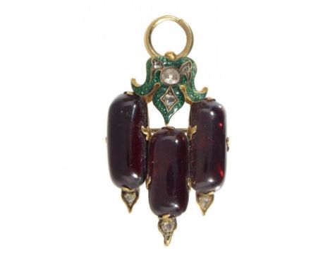 A DIAMOND, FOILED GARNET AND GOLD AND GREEN GUILLOCHE ENAMEL BROOCH-PENDANT, 19TH C 3.6cm ++A fine quality jewel with tiny da