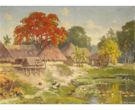 ANGLO-INDIAN SCHOOL, EARLY 20TH CENTURY AN INDIAN VILLAGE indistinctly signed, oil on canvas, 45 x 61cm, unframed ++Good cond