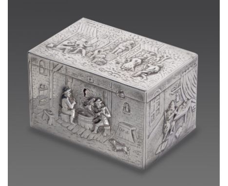 A DECORATIVE GERMAN SILVER TEA CADDY OR BOX, LATE 19TH C  embossed with peasants scenes, with lock, 10.5cm w, spurious 18th c