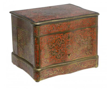 A FRENCH BOULLE AND EBONISED DECANTER BOX, C1870 of serpentine form and decorated on all four sides, the lid and hinged and f