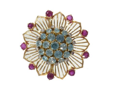 A RUBY, DIAMOND AND ZIRCON SET GOLD OPENWORK FLOWER BROOCH, MID 20TH C 3.5cm, 14.7g ++Satisfactory second hand condition 