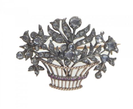 A RUBY AND DIAMOND SET GOLD OPENWORK BASKET OF FLOWERS BROOCH, 19TH C 3.5cm, 6.3g ++An attractive brooch in fine condition fo