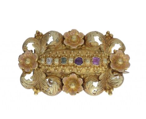 A VICTORIAN GEM SET GOLD 'REGARD' BROOCH, 1840  the foiled diamond, emerald, amethyst and ruby spelling DEAR, 3.5cm, 7.7g ++F