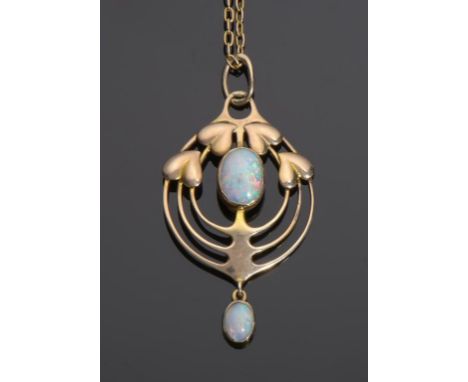 A GERMAN JUGENDSTIL OPAL SET GOLD OPENWORK PENDANT RETAILED BY MURRLE, BENNETT & CO, C1905  3.5cm, MB Co mark and 9ct, on a g