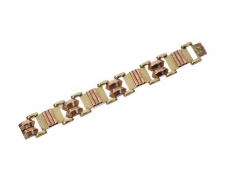 A MID CENTURY  TWO COLOUR GOLD  BRACELET, C1960  18cm l, indistinct maker's mark, foreign control mark and 585, 33.5g ++In go