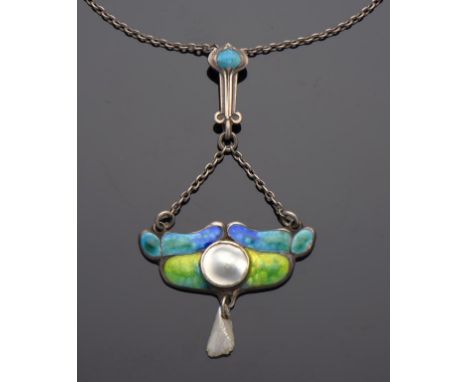 AN ART NOUVEAU BLISTER PEARL AND SILVER AND TRANSLUCENT ENAMEL PENDANT  with baroque pearl drop, 6cm, maker's mark rubbed, pr