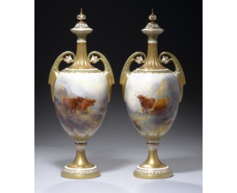 A PAIR OF ROYAL WORCESTER VASES AND COVERS, 1913 painted by H Stinton, both signed, with highland cattle, 42cm h, printed mar
