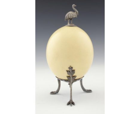 A VICTORIAN EPNS MOUNTED OSTRICH EGG OBJET DE FANTASIE, 19TH C, C1870 with ostrich finial and zoomorphic legs, 28cm h, unmark