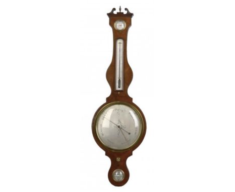 A VICTORIAN MAHOGANY AND LINE INLAID BAROMETER, J FIORA NOTTINGHAM, MID 19TH C with engraved register, alcohol thermometer, h