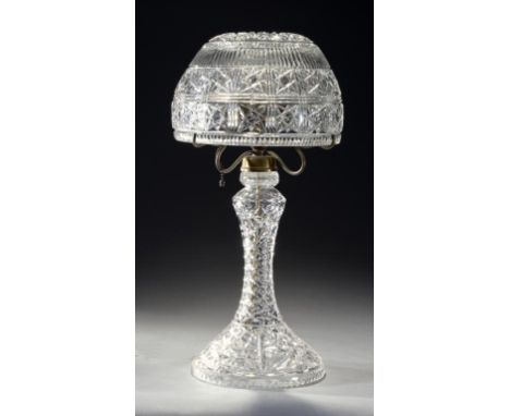 A 'BRILLIANT CUT' GLASS ELECTRIC TABLE LAMP AND DOMED SHADE, EARLY 20TH C brass mount, 51cm h ++Fine condition 