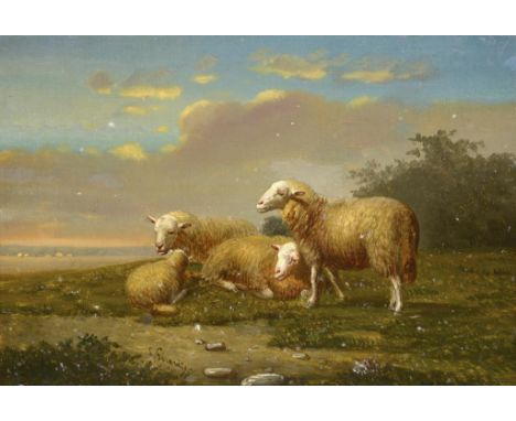 LAMBERT GERARDTS, 19TH CENTURY SHEEP ON A HILLOCK  signed, oil on canvas, 17 x 24.5cm ++Restored with some localised overpain